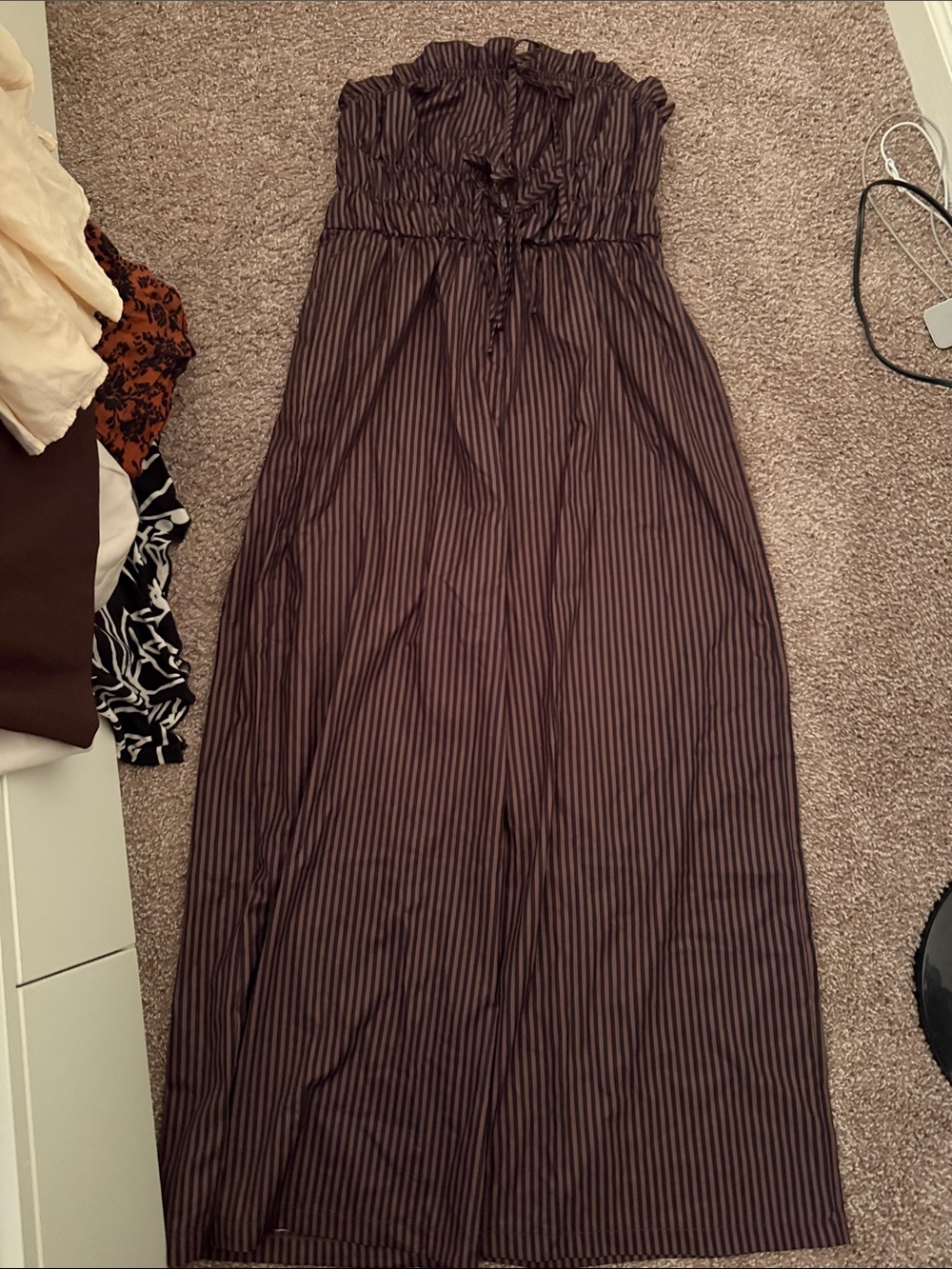 Striped Strapless Maxi Jumpsuit in Brown and Black